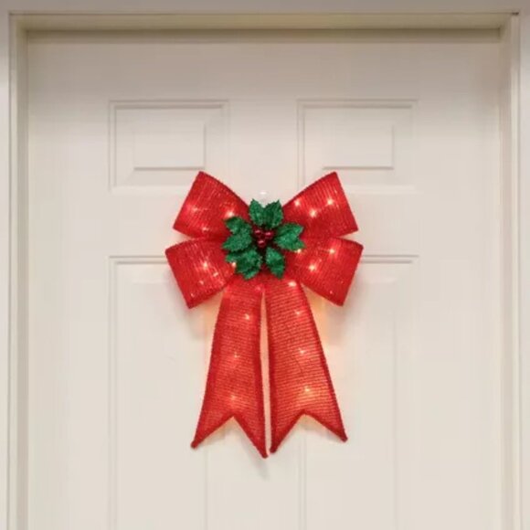 Light-Up Red & Green Holly LED Fabric & Plastic Bow Decoration, 14in x 21in - Picture 2 of 5